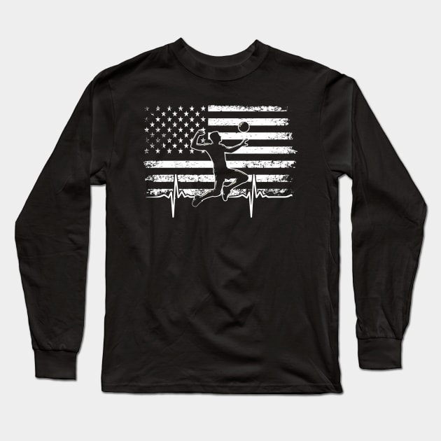 Volleyball Player Retro American Flag Volleyball Heartbeat Long Long Sleeve T-Shirt by jadolomadolo